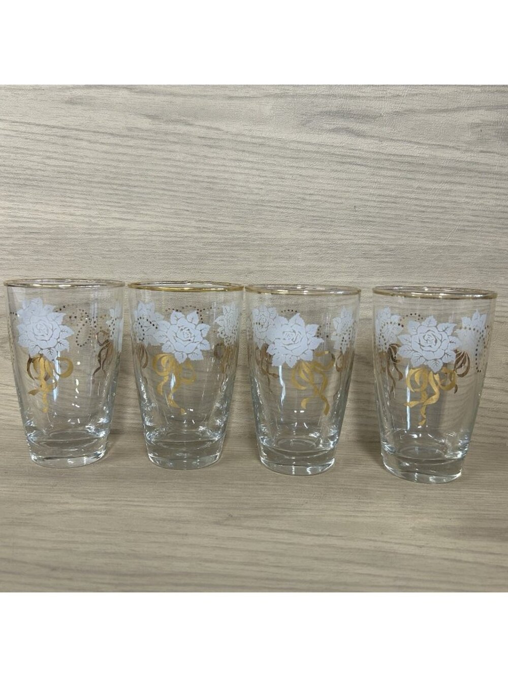 Gold & White Rose Bouquet Clear Glass Tumblers Set Of 4 Vintage 5.25"H